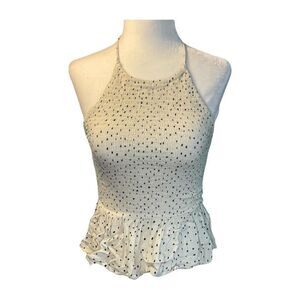 Patrons of Peace Polka Dot Halter Top Cream Navy Smocked Peplum Ruched S